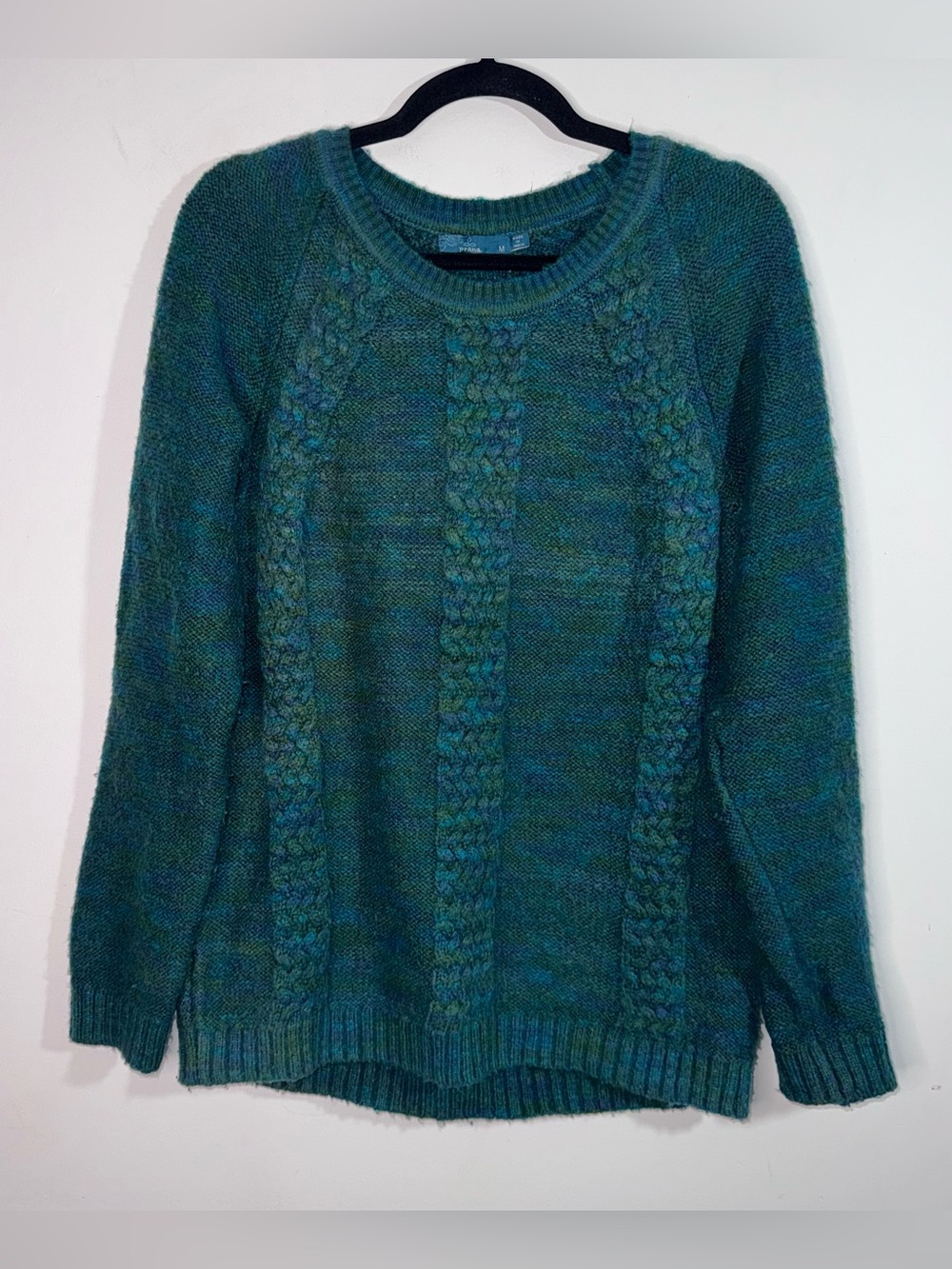prAna Women’s Medium Teal Green Marled Cable Knit Crewneck Sweater Boho
